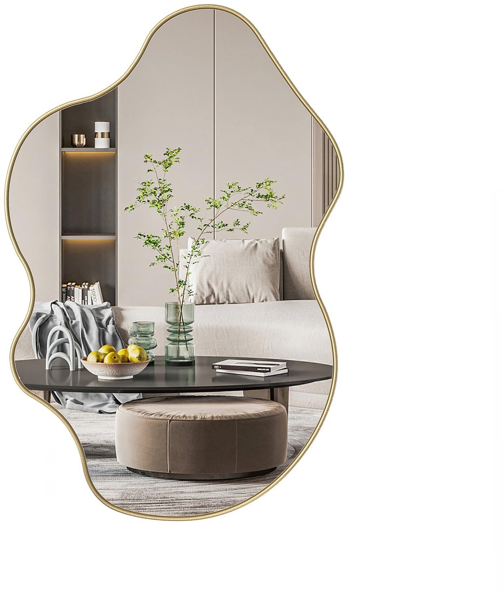SnelShoppen - Gouden Asymmetrische Wandspiegel Groot, Onregelmatige Organische Spiegel 60,5 x 91 cm voor Hal, Badkamer, Woonkamer, Ingang Decoratie