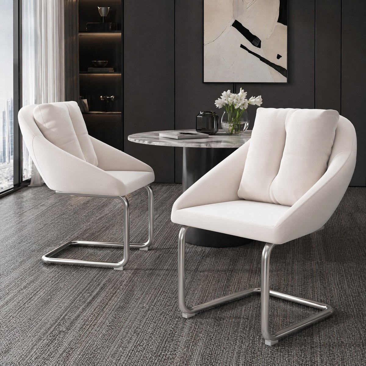 COVREO Eetkamerstoel 82x59 cm – beige velvet, met armleuningen, set van 2