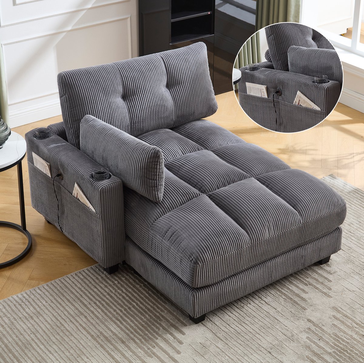 COVREO Fauteuil 140 x 112 x 81 cm - grijs, corduroy stof, met bekerhouders en zijvak