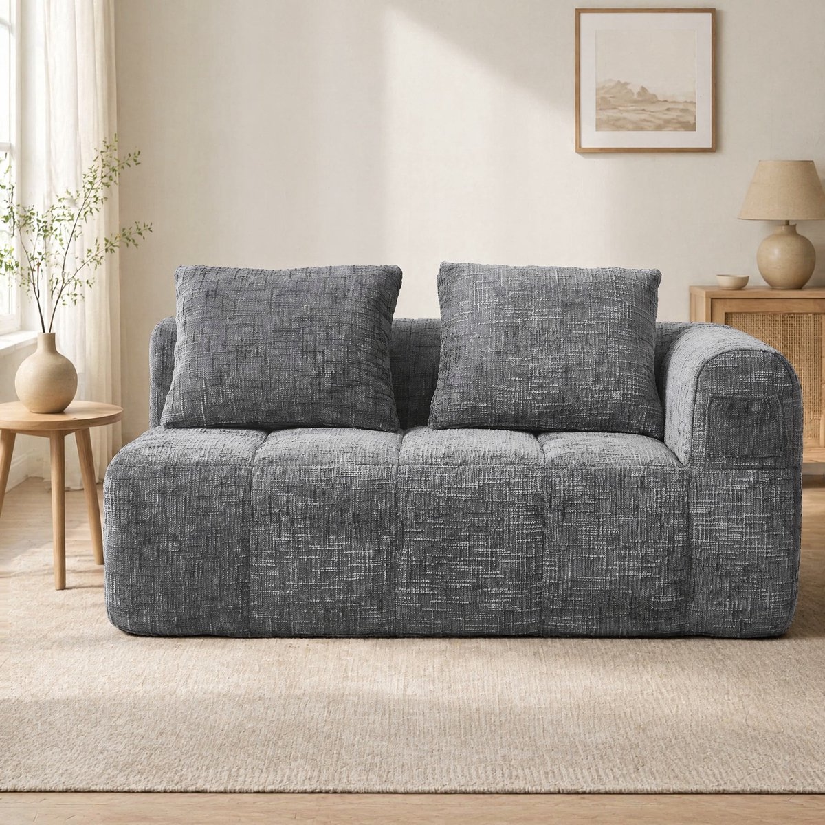COVREO 2-zits bank 158x90x60 cm - grijs chenille, zijvakken, zonder montage