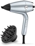 Lichtblauwe BaByliss haardroger met diffuser en concentrator opzetstuk.