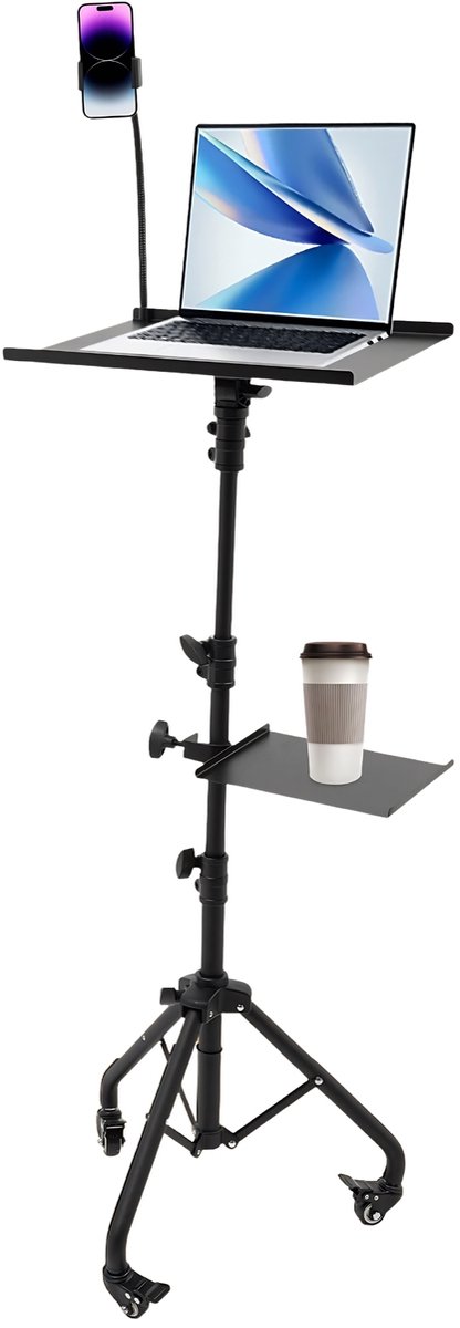 Projector Standaard met Vergrendelbare Wielen – In Hoogte Verstelbare Laptophouder met Telefoonhouder en Muistray, Multifunctionele Vloerstandaard – Zwart
