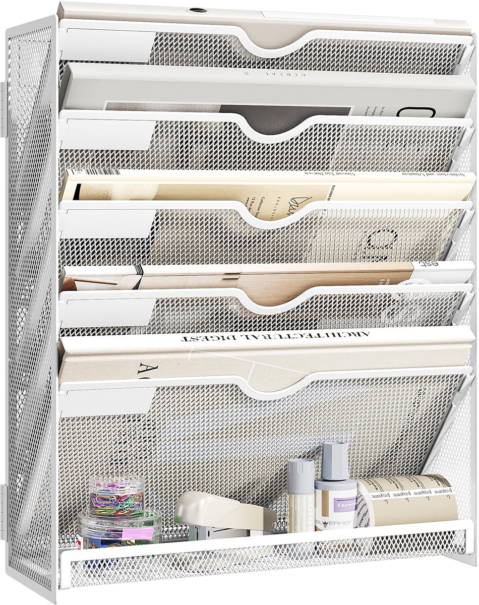 SnelShoppen - VITVITI File Organizer 6-Tier A4 Wandgemonteerde Tijdschriftenhouder - Verticale Document Organizer voor Kantoor en Thuis - Wit - Voor M
