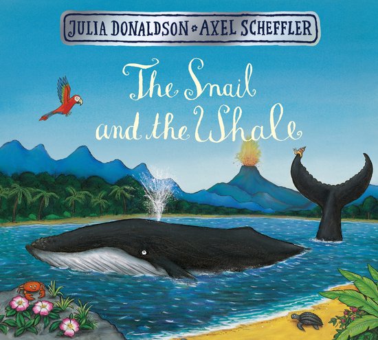 Une baleine souffle de l'eau, avec un perroquet, un volcan et la queue d'une baleine en arrière-plan. Titre: The Snail and the Whale.
