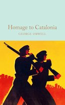 Boek 'Homage to Catalonia' van George Orwell met twee silhouetten van soldaten met geweren op een oranje achtergrond met rode stad.