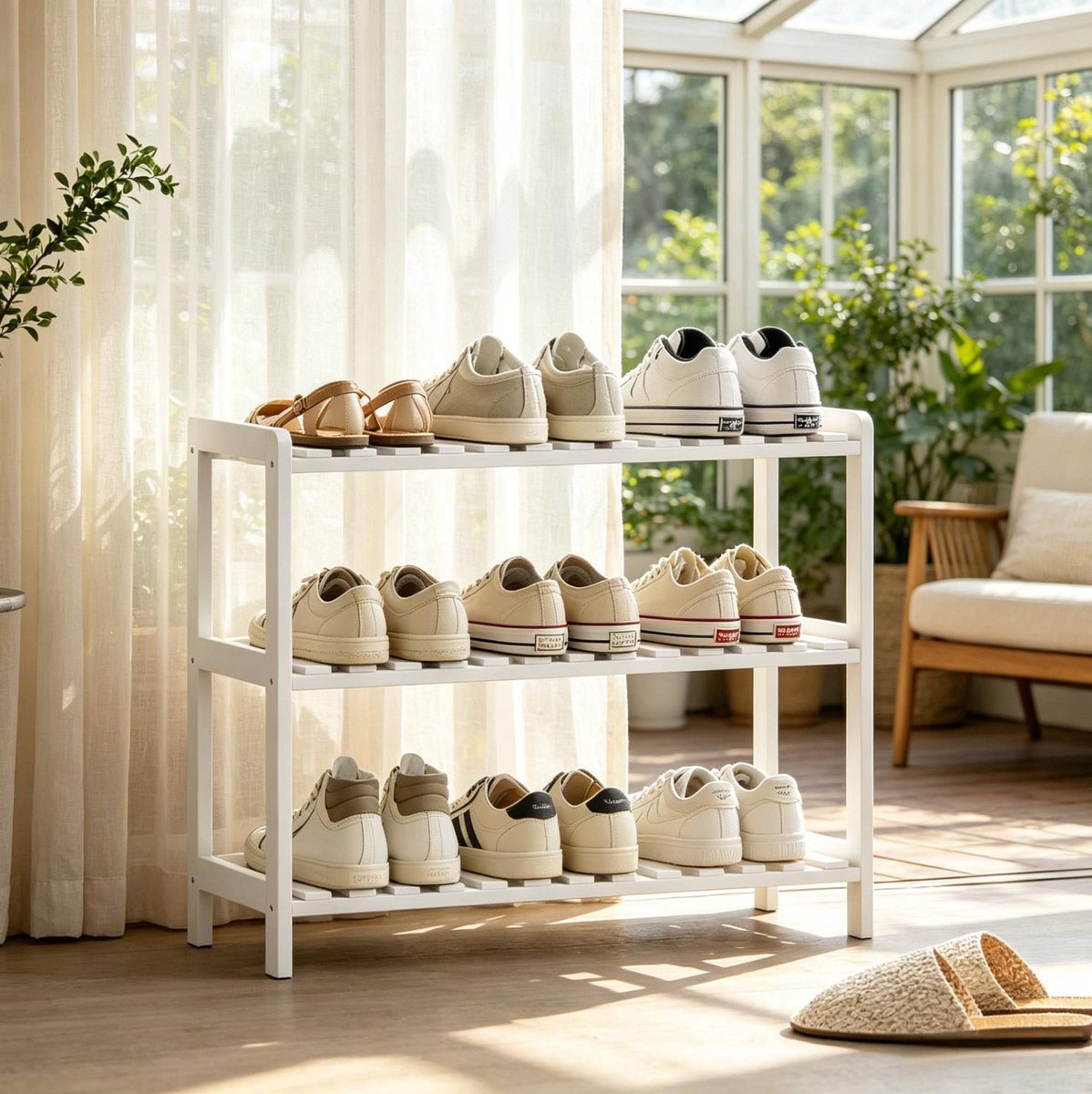 MIVRAY Schoenenkast – 3-Laags Staand Rek 70 x 26 x 57,5 cm – MDF en Hout – Wit – Voor Hal en Gang – Verhoogde Bodem