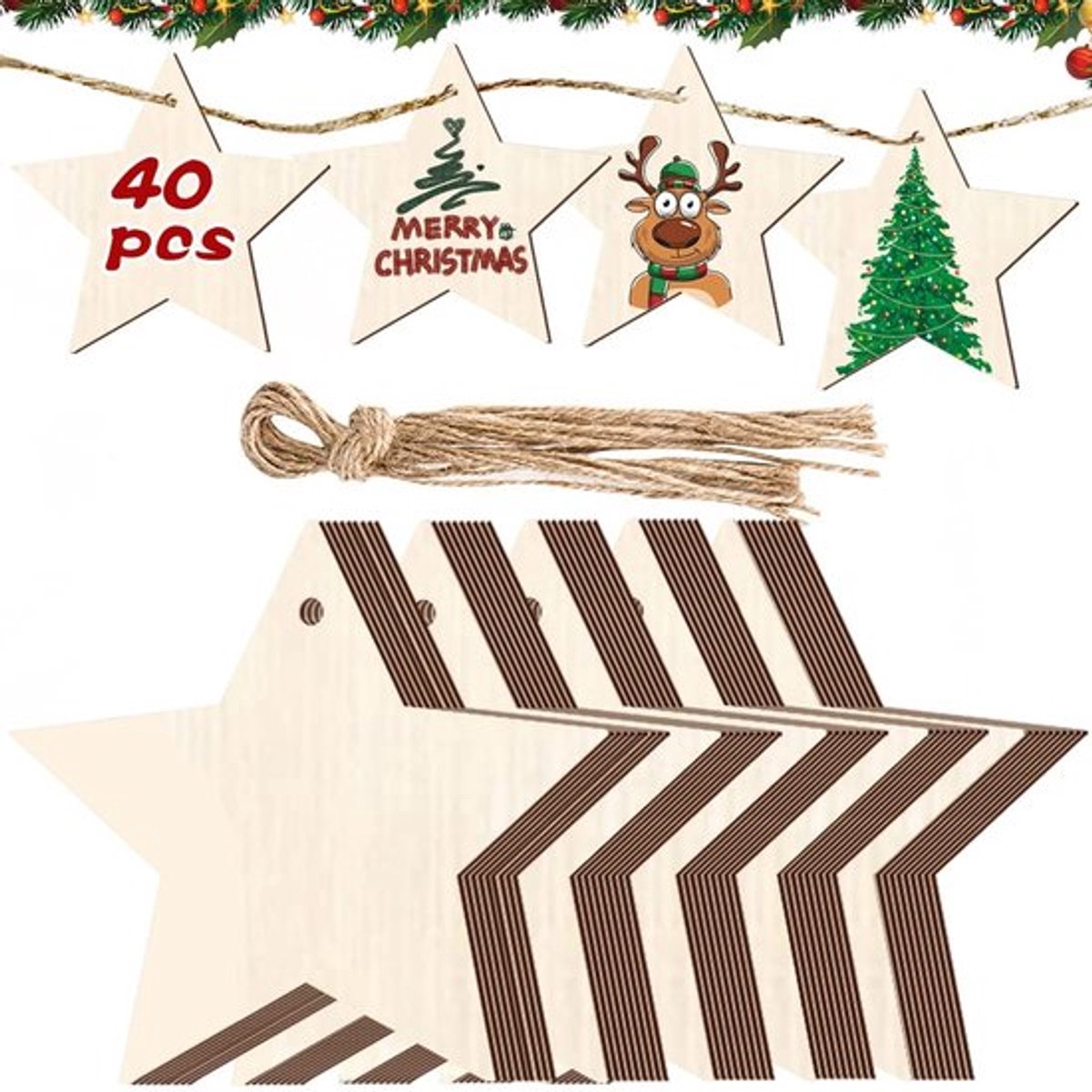 Gouden kroon - Kerstdecoratie - Doe-Het-Zelf Kersthangers - Houten Sneeuwvlokken - 40 Stuks - Knutselen - Cadeauhangers - Geschikt voor Kerstmis - Hou