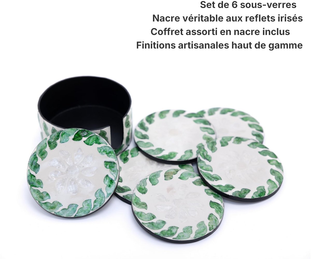 Dailygoods - Set van 6 Parelmoeren Onderzetters - Handgemaakt met Opbergdoos en Bloemenmotief
