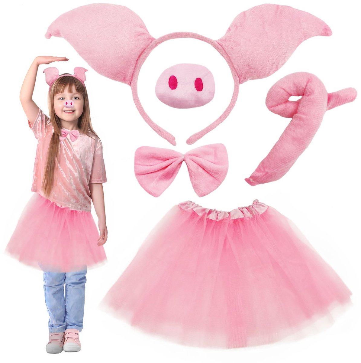 Dailygoods- Varken Kostuum Set - 5 Stuks - Tutu Rok - Varkensoren - Varkensneus - Geschikt voor kinderen vanaf 3 jaar - Verkleedset