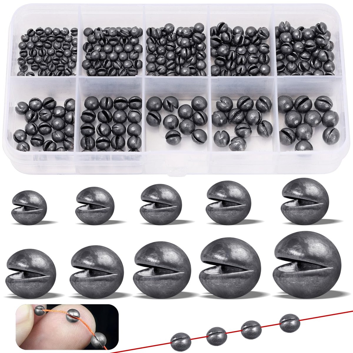 Dailygoods- Loodkorrels 300 Stuks - 10 Maten 2g/1.5g/1.2g/1g/0.8g/0.6g/0.5g/0.4g/0.3g/0.2g - Metaal - Stabilisatie Vislijn/Aas - Zeewatervissen/Karpervissen/Witvisvissen - Doorzichtige Opbergdoos - Visgewichten