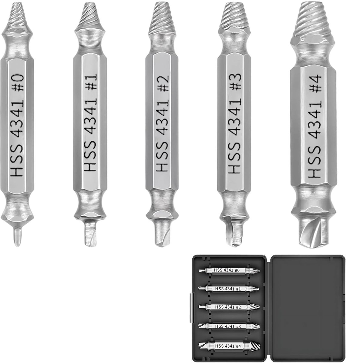 Dailygoods- Uitdraaierset Professioneel - Schroefextractorset - 5 Stuks - HSS 4341 Staal - Dubbele Kop - Voor Vastzittende Schroeven - Schroefextractor