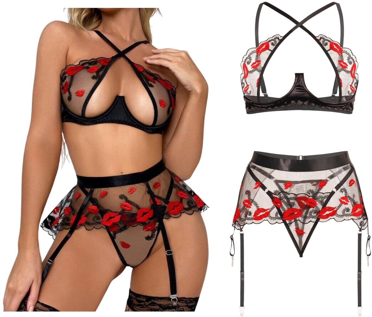 Dailygoods - Dameslingerieset - 3-delig Transparant Mesh Lingerie met Kousenhouder