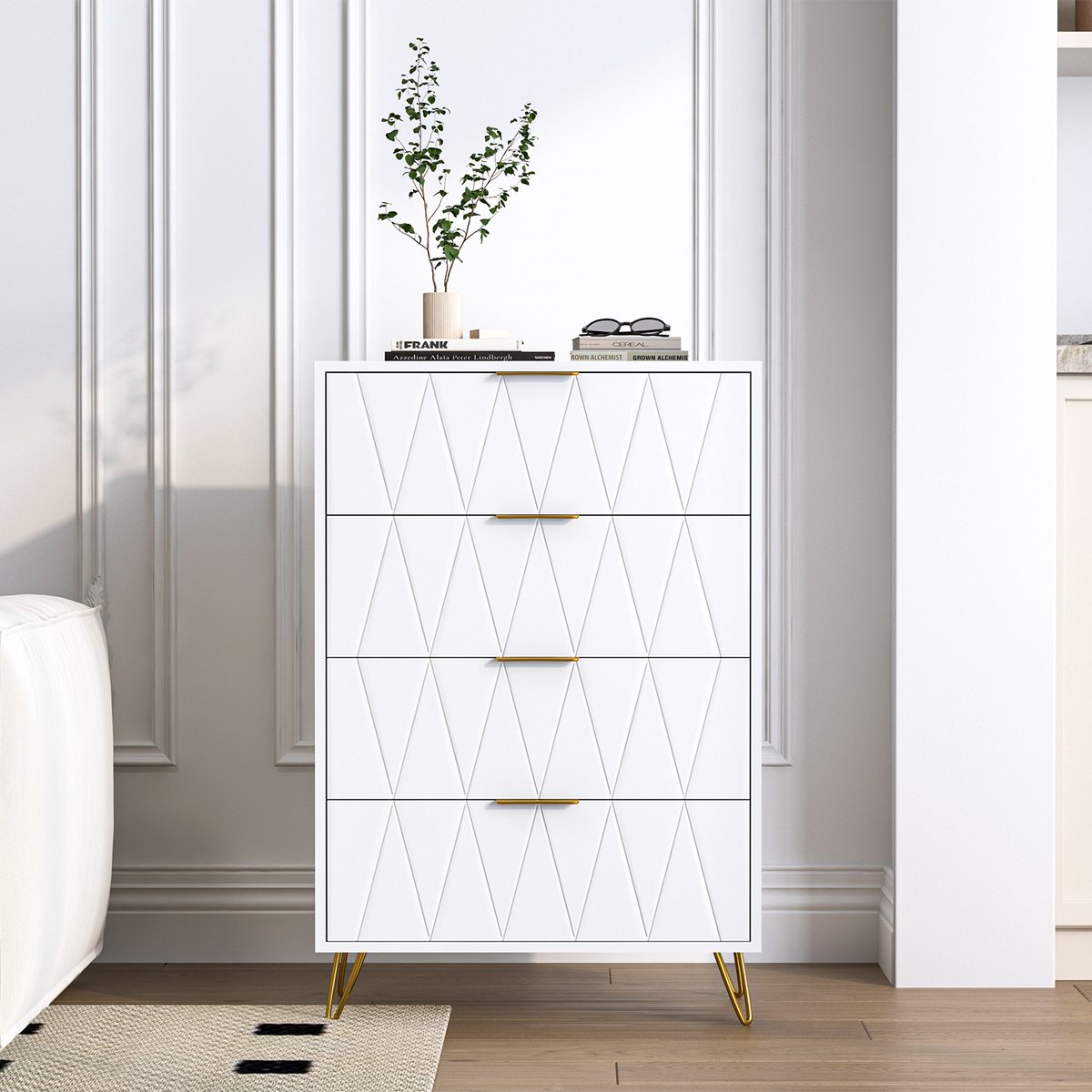 Ladekast 60x34x90 cm met 4 lades, dressoir en opbergkast met reliëf fronten, moderne kast voor woonkamer en eetkamer, MDF, wit