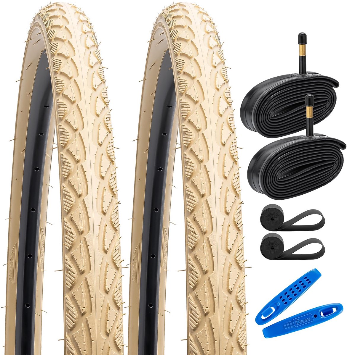 SnelShoppen - 2-PCS 700C Road Fietsbanden 700x38C/40-622 Beige + Heavy Duty Binnenband Schrader Ventiel Geschikt voor 700x36-40C Fietsen
