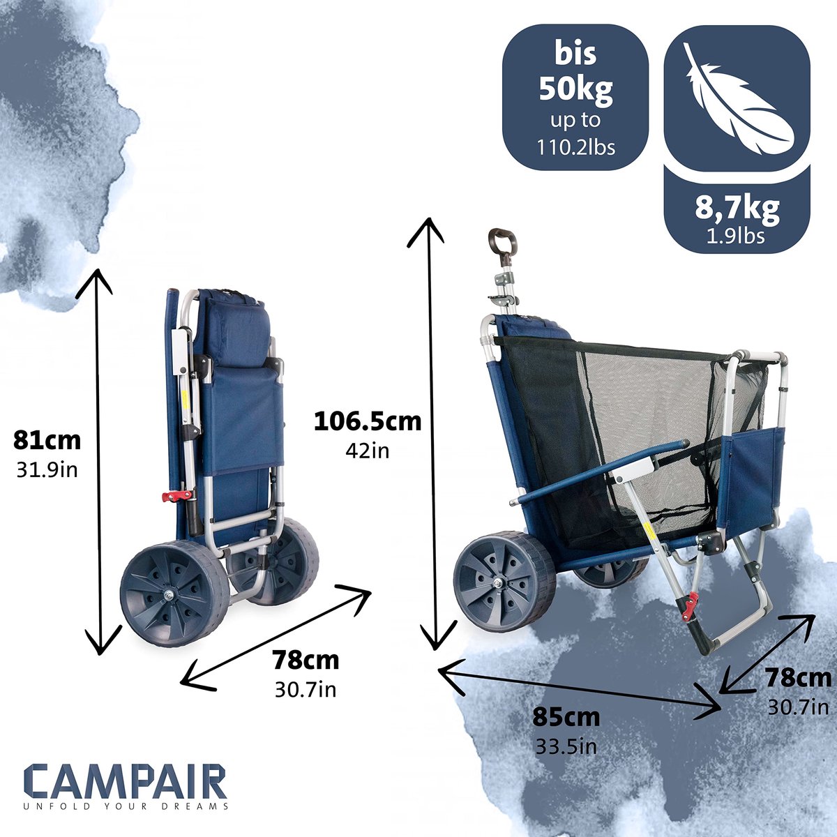 SnelShoppen - CampAir Strandaccessoire 2 in 1 All Terrain Trolley en Strandstoel - Blauw - Ideaal voor Strand, Camping, Tuin, Feest - Lichtgewicht, Ha