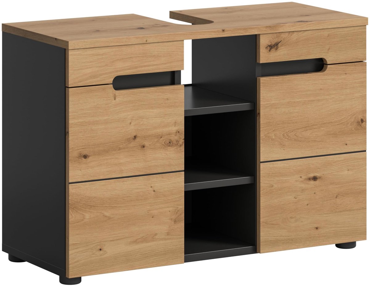SnelShoppen - Badkamer Canu Wastafelonderkast 80 cm - Onderkast voor Wastafel - Artisan Eiken - Corpus Basalt Grijs - Badkamermeubel - Compact en Func