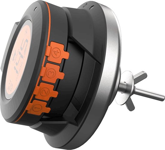 Digitale thermometer met oranje ring en vier probe-aansluitingen (1-4) aan de zijkant, en een metalen bevestigingsmechanisme.