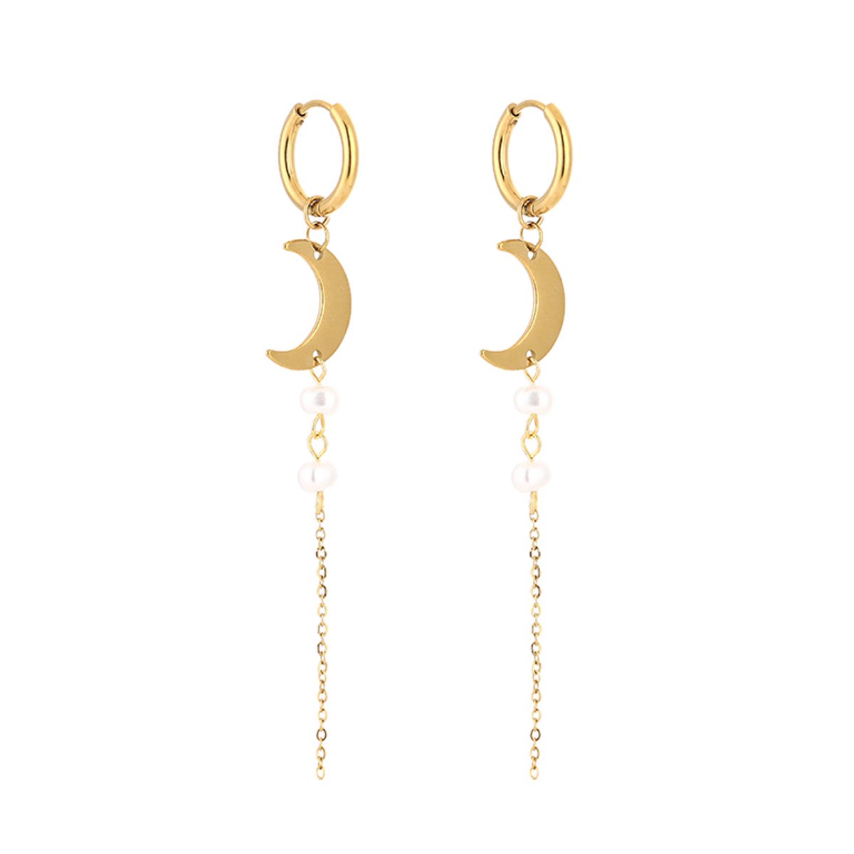 Stainless Steel Maansilhouet & Parel Kettingsleper Hoops – Luxe Lineaire Oorbellen – RVS - Goud