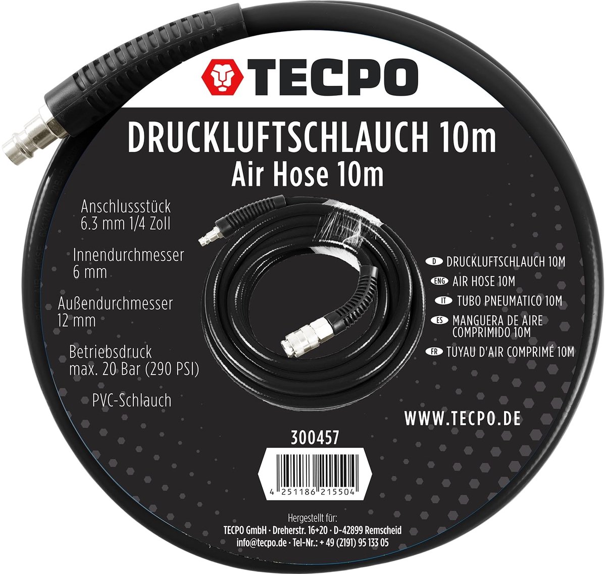 SnelShoppen - Persluchtslang 6/12 mm 10 m - Luchtslang 20 bar Werkdruk met 1/4 Aansluitstuk voor Compressoren - Ideaal voor Tuin, Bouw en Hobbyproject