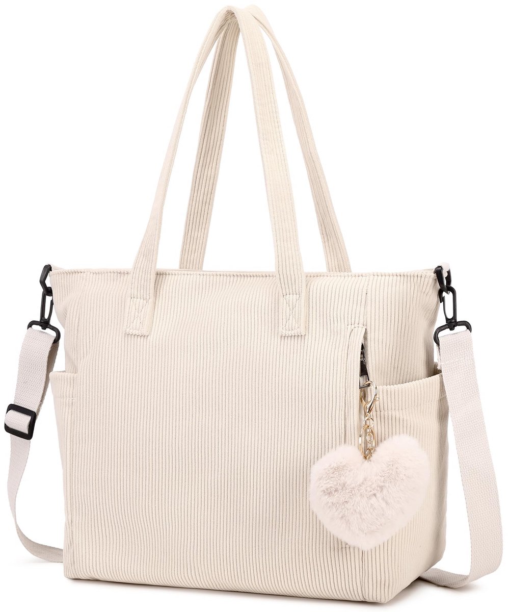 SnelShoppen - Makukke Cord Tote Bag Dames Schoudertas Grote Shopper Handtas Beige voor Werk, Kantoor, Reizen, Winkelen en School