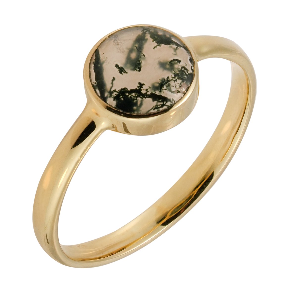 Cavill - 925 Sterling Zilver Ring - Verguld - 1,4 Ct Ronde Groene Mosagaat - Handgemaakte Natuurlijke Edelsteen Ring - Elegant Design