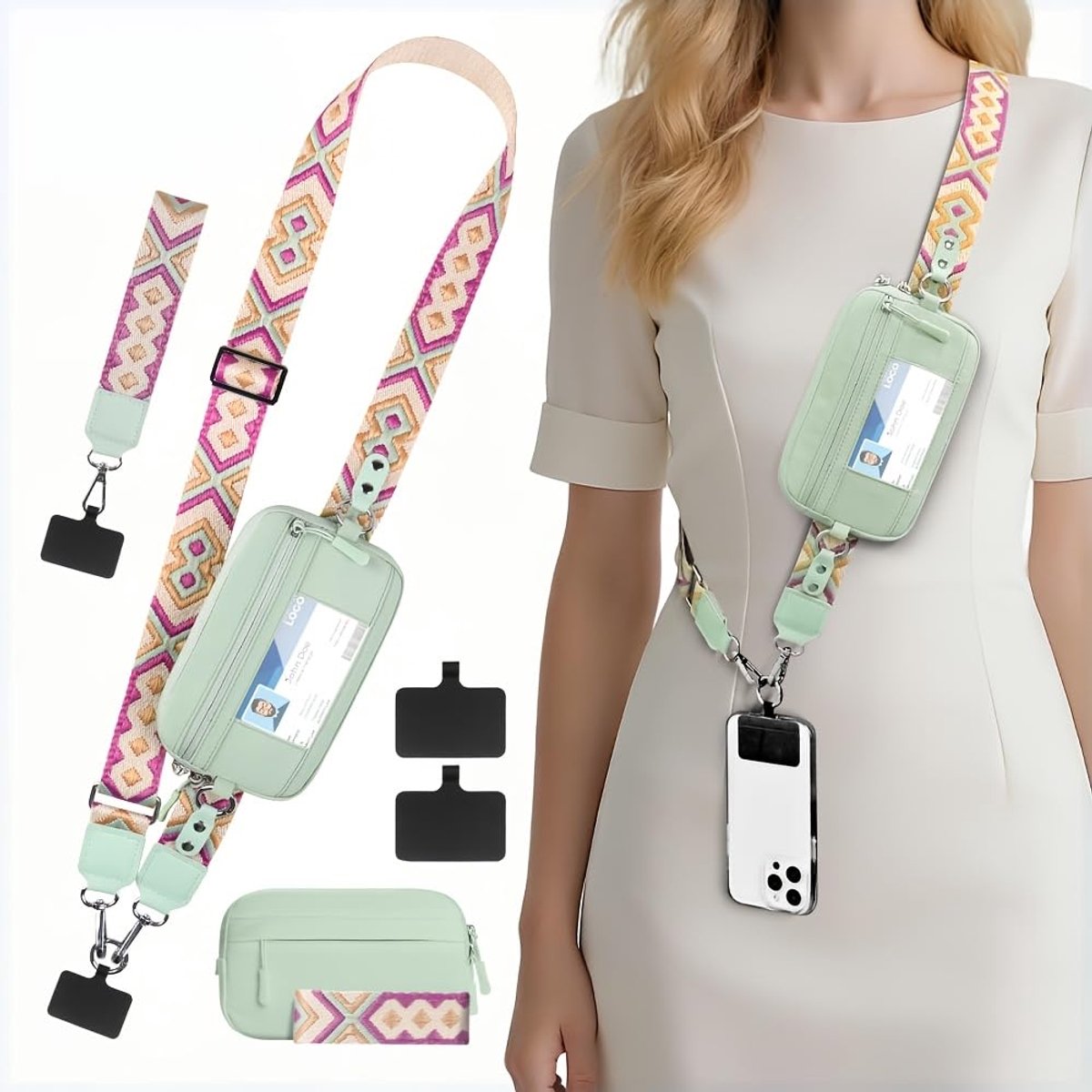 Groen Telefoonkoordtas - Met afneembare ritssluiting portemonneetje - Universele multifunctionele telefoonkoord - Verstelbare brede telefoonhoes - Antiverlies telefoon crossbody tas - Voor Reizen, dagelijks gebruik, concerten, festivals