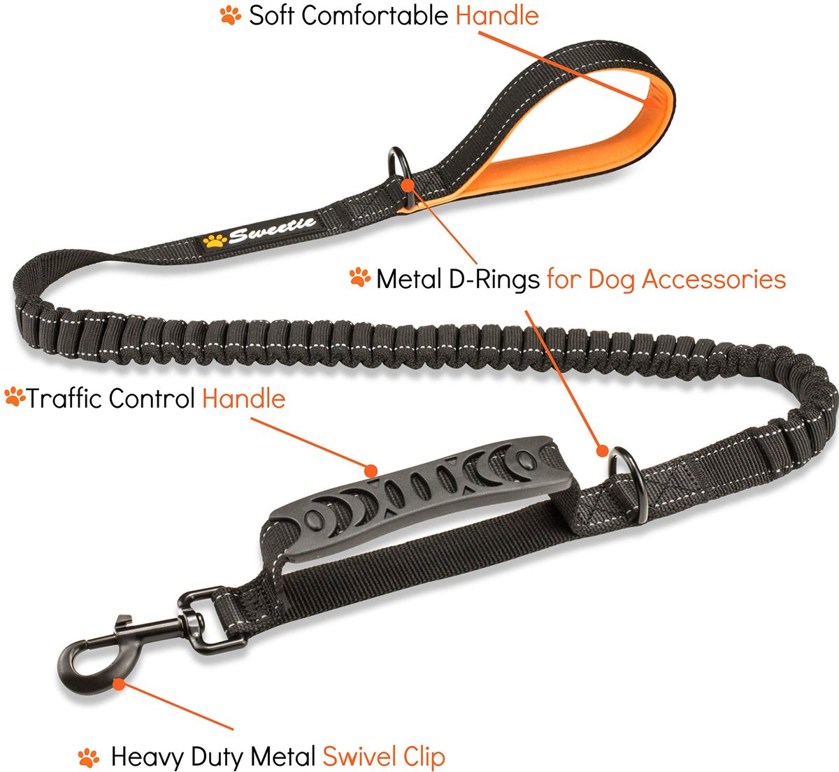 SnelShoppen - Sweetie Bungee Dog Lead Shock Absorber - Sterke 4FT tot 5.6FT Lange Hondensnoer met Zacht Gevoerd Handvat en Verkeershandvat - Reflecter