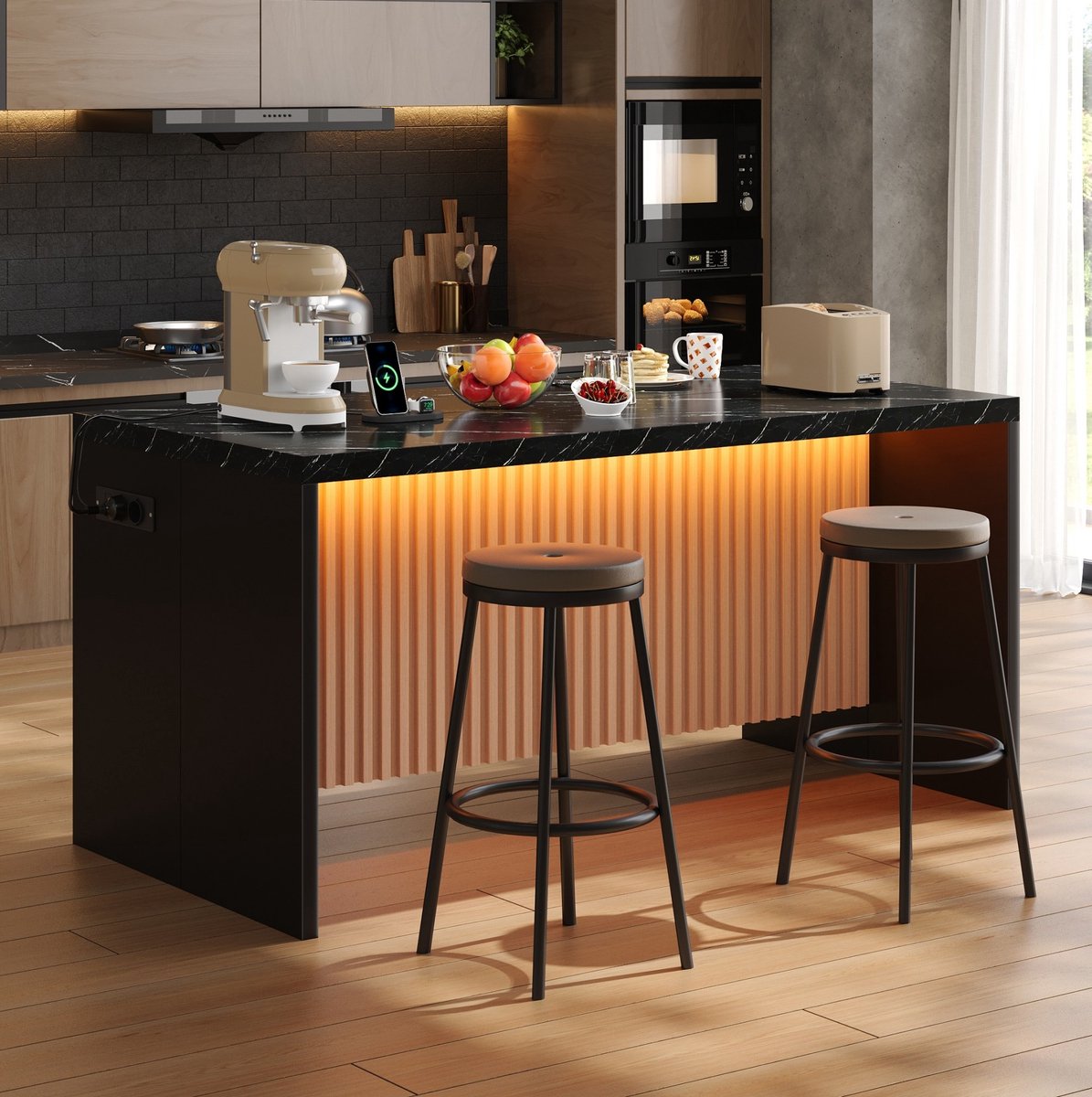HAUSS SPOLE Keukeneiland - Zwarte Marmerlook Met LED Verlichting En Stopcontacten - Industrieel En Minimalistisch - MDF - 155 X 80 X 90 Cm