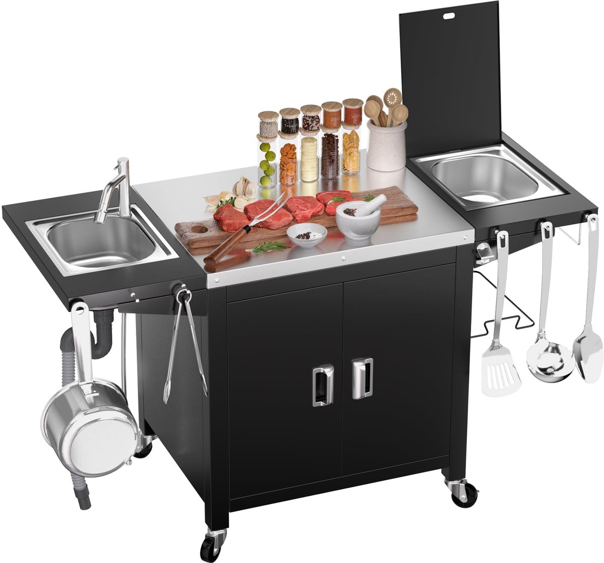 SnelShoppen - GFTIME Grillwagen - Rolbaar Keukeneiland van RVS met Opbergkast, IJsbox, Gootsteen - Perfect voor Buiten, Tuin, Camping, BBQ - 155 x 63