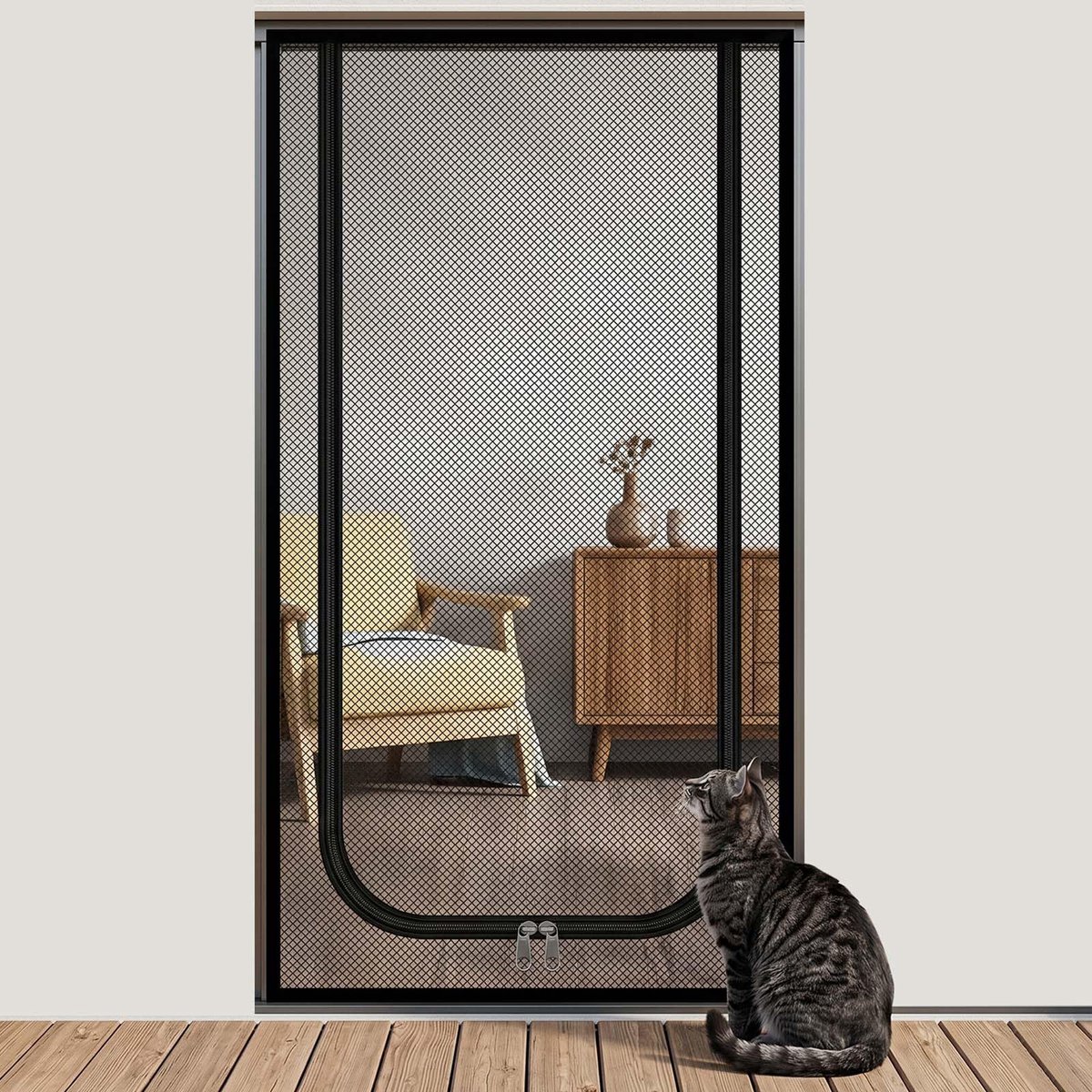 SnelShoppen - Katsengitter Balkondeur 90x200 cm, Vliegengaas met Ritssluiting, Sterk Nanonet voor Insectenbescherming, Kattenbeschermingsdeur in Grijs