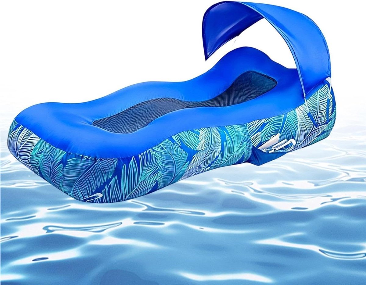 Opblaasbare Lounger - Luchtbed Ligbed - Buiten Ontspannen - Met Zonnescherm - 190x75x55cm - Klein Blauw
