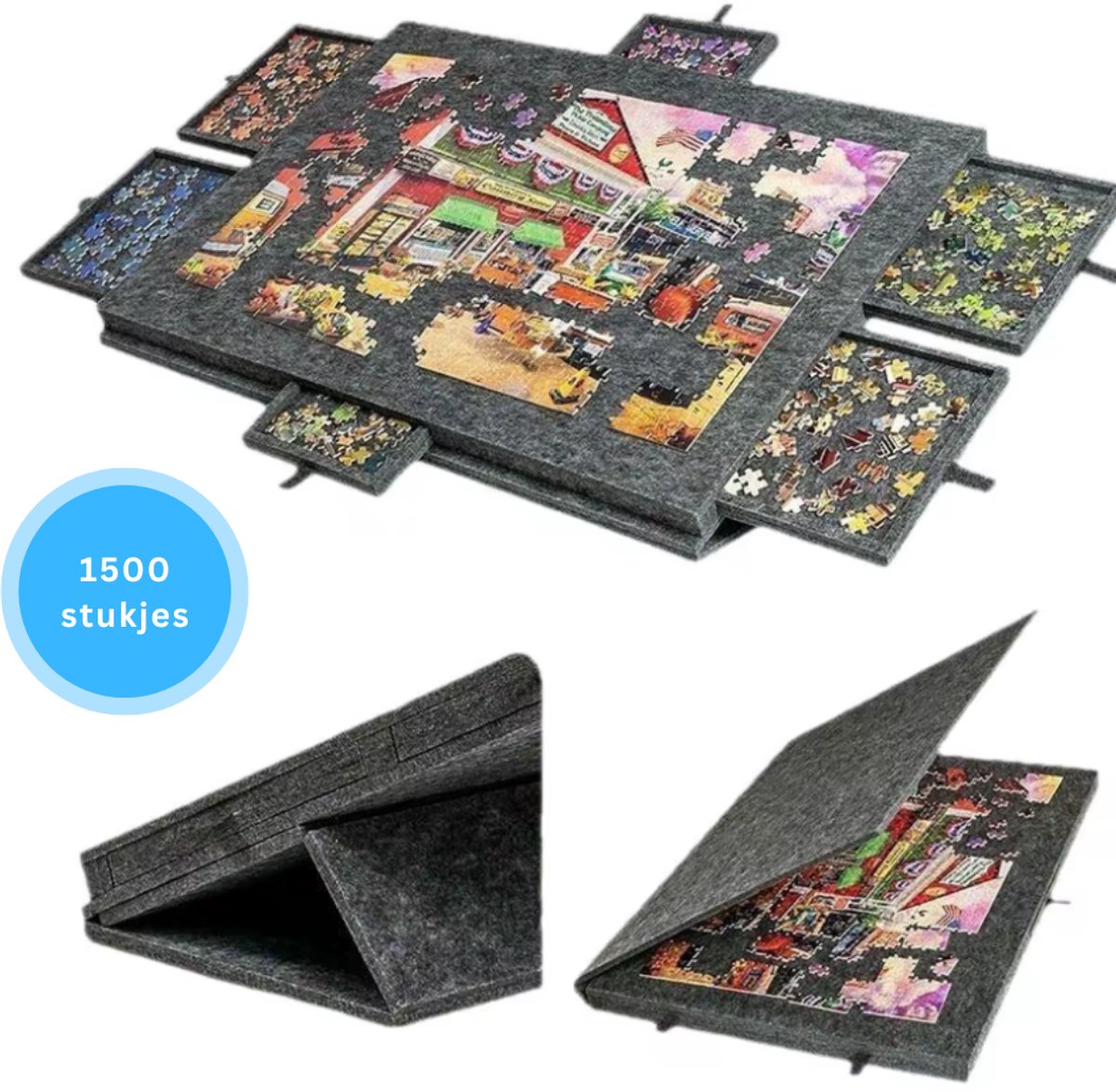Livista Puzzelplaat voor 1500 Puzzelstukjes met 6 Lades – Puzzelbord met Opbergsysteem -– Puzzelmat van Hout – Puzzeltafel - Grijs