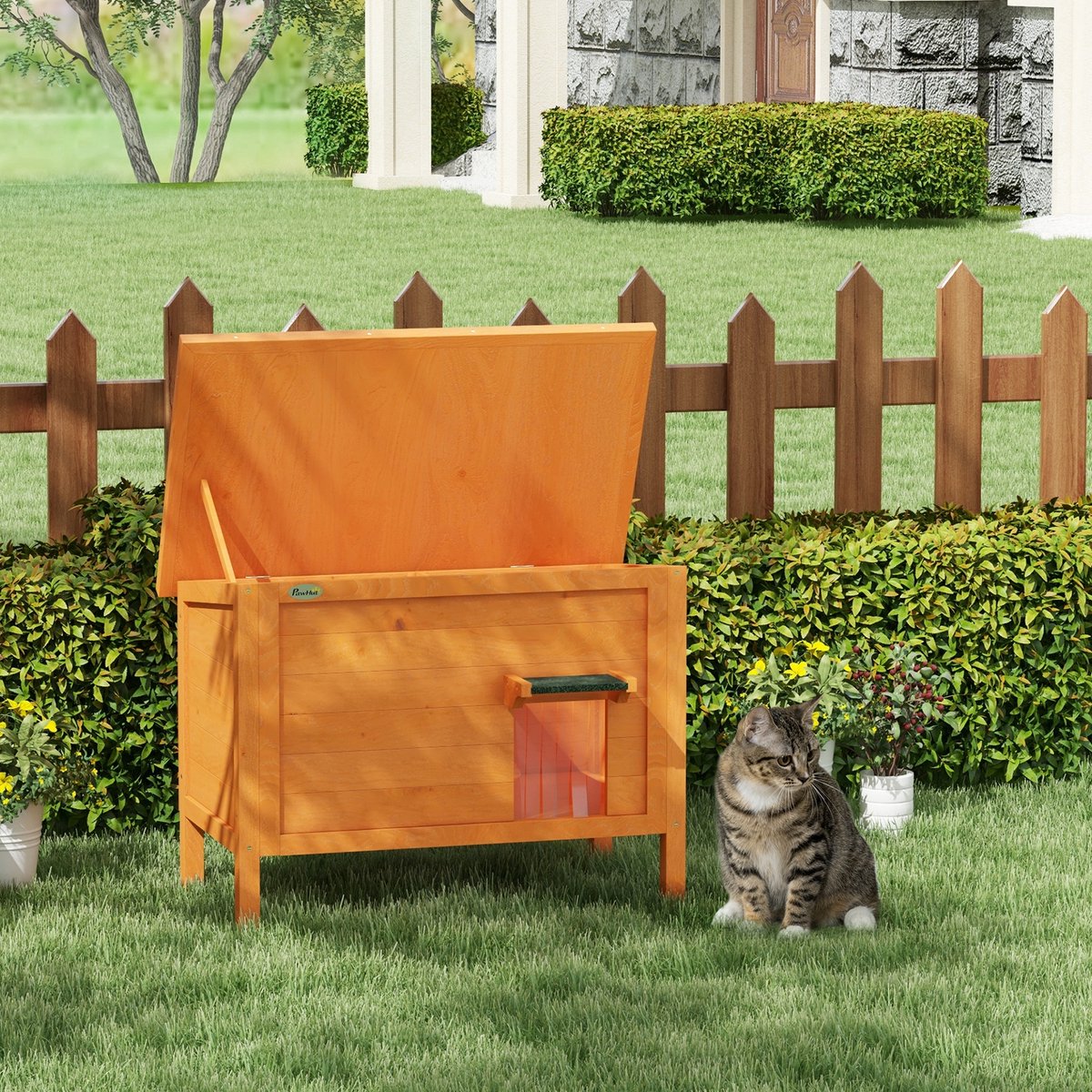 Wishdor kattenhuis voor buiten - geïsoleerd en verhoogd design - opklapbaar dak en uitneembare bodem - hout en dak met asfalt - oranje - 85 x 50 x 68,5 cm