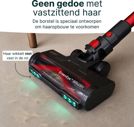 Zwarte stofzuigerkop met rode details en 'GreenEye™ BRUSH' tekst, voorkomt haarverwikkeling.