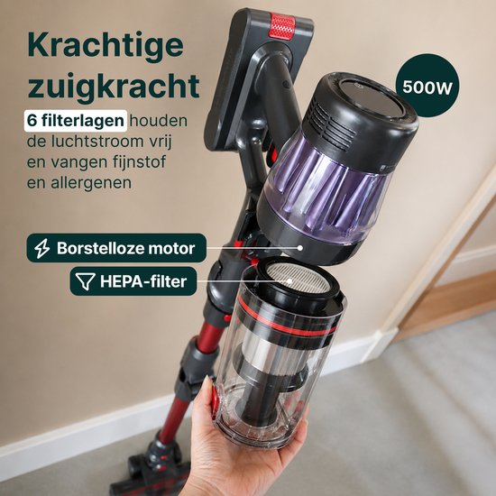 Handbediende steelstofzuiger met paarse stofcontainer, 500W motor en HEPA-filter.