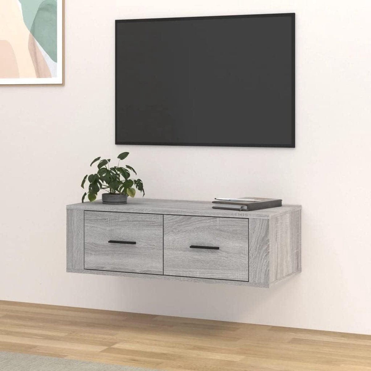 Hangende TV-kast - Mediameubel Wandkast - Media Opbergen - Met Lades - 80x36x25 cm - Grijs Sonoma