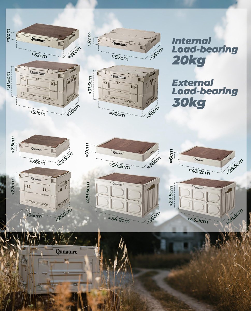 SnelShoppen - Qunature Opvouwbare Kamperen Opbergbak Campingbox 26L/55L/60L met Houten Deksel - Multifunctionele Opbergdoos voor Auto, Kofferbak, Reiz