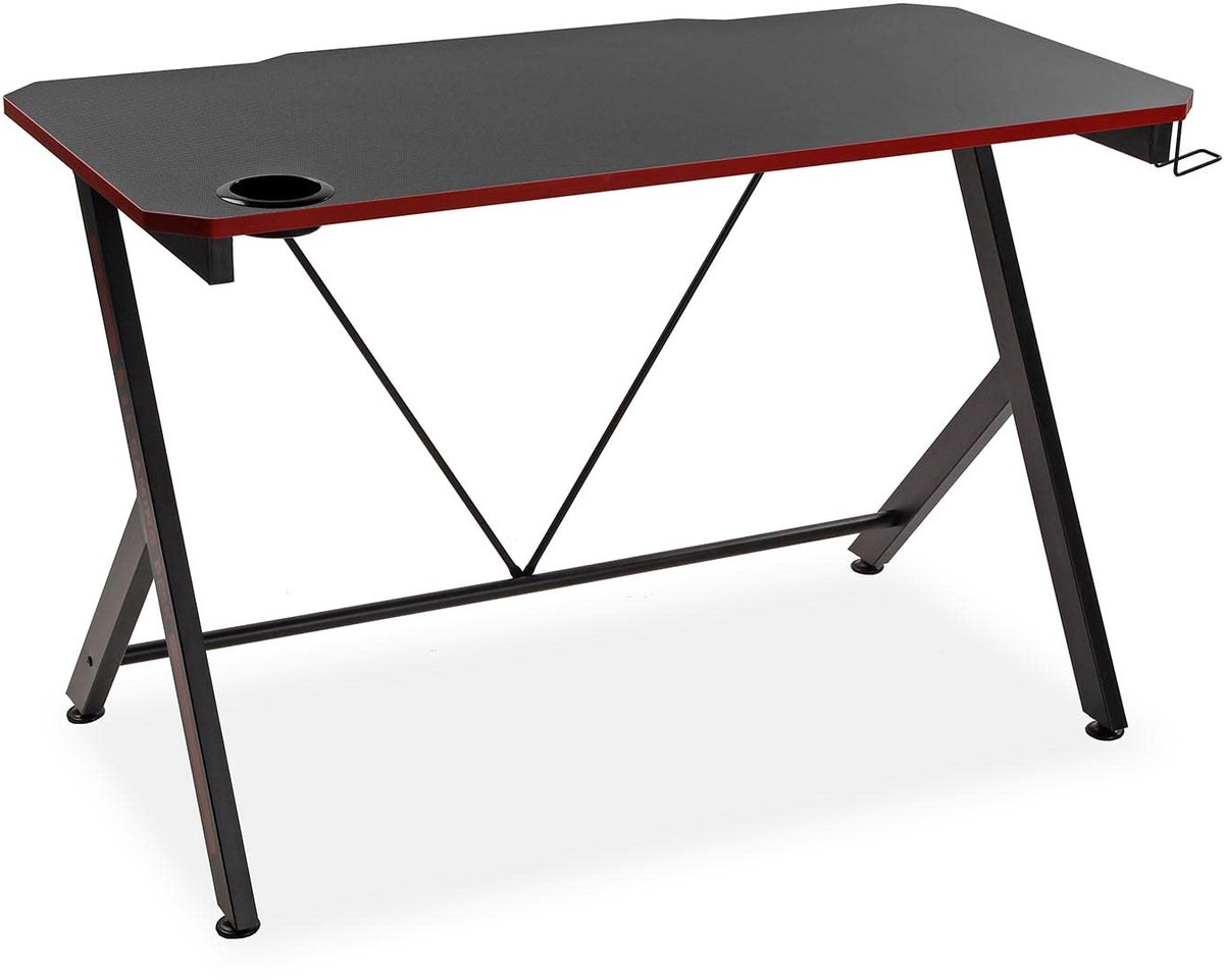 SnelShoppen - Versa Pablo Computer Bureau Tafel - Gaming Tafel met Helm- en Drankhouder - Hout en Metaal - Zwart en Rood - Ideaal voor Slaapkamer of S