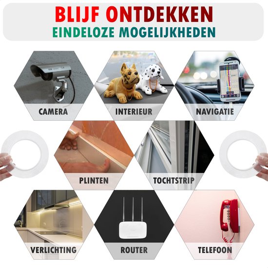 Eindeloze mogelijkheden met dit dubbelzijdige tape voor camera, interieur, navigatie, plinten, tochtstrip, verlichting, router, telefoon.