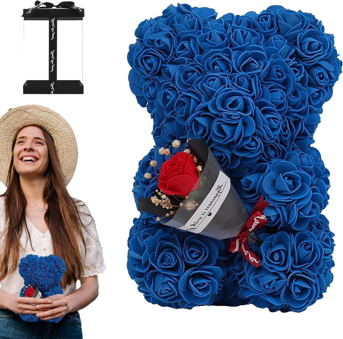 Rozenbeer - Bloemenbeer - Bloemen beer - Decoratie en Cadeau - Handgemaakt met kunstrozen - 24 x 16 cm - Donkerblauw