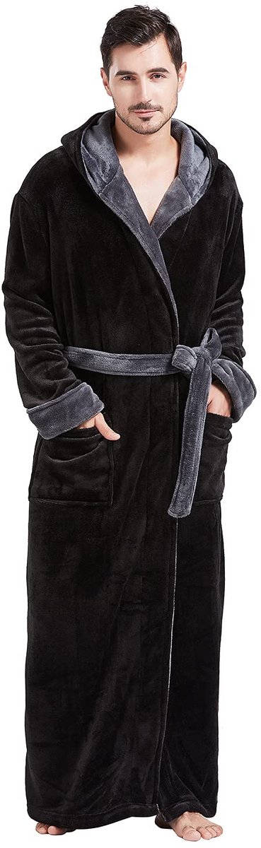 SnelShoppen - Pluche badjas met capuchon voor heren, lange fleece badjas voor grote mannen, 6XL, zwart/grijs, warme badjas ideaal voor thuis, relaxen,