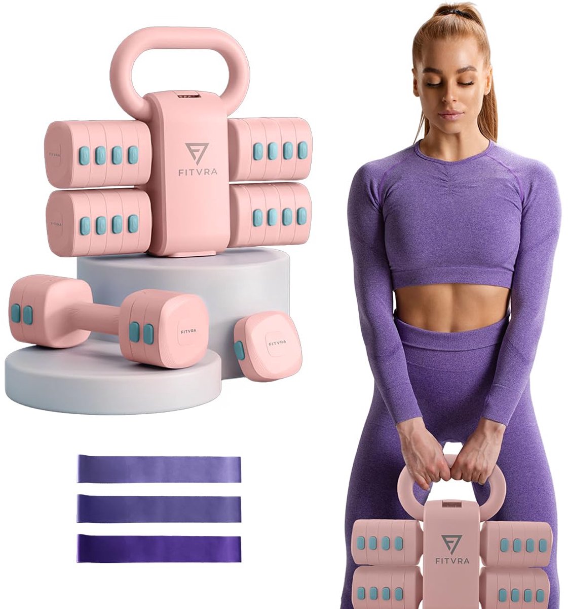 SnelShoppen - Verstelbare Dumbbellset 2-in-1 Kettlebell, Thuisgym Gewichten voor Vrouwen, 1-3 kg Dumbbells & 2,5-6,5 kg Kettlebell, Inclusief Weerstan