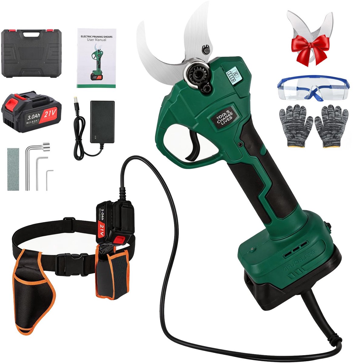 SnelShoppen - Professionele SK7 Snoeischaar met Accu 21V, 40 mm Snijdikte, 2x3000 mAh Verlengkabel, LCD-Display, Ideaal voor Olijfbomen, Wijngaarden e