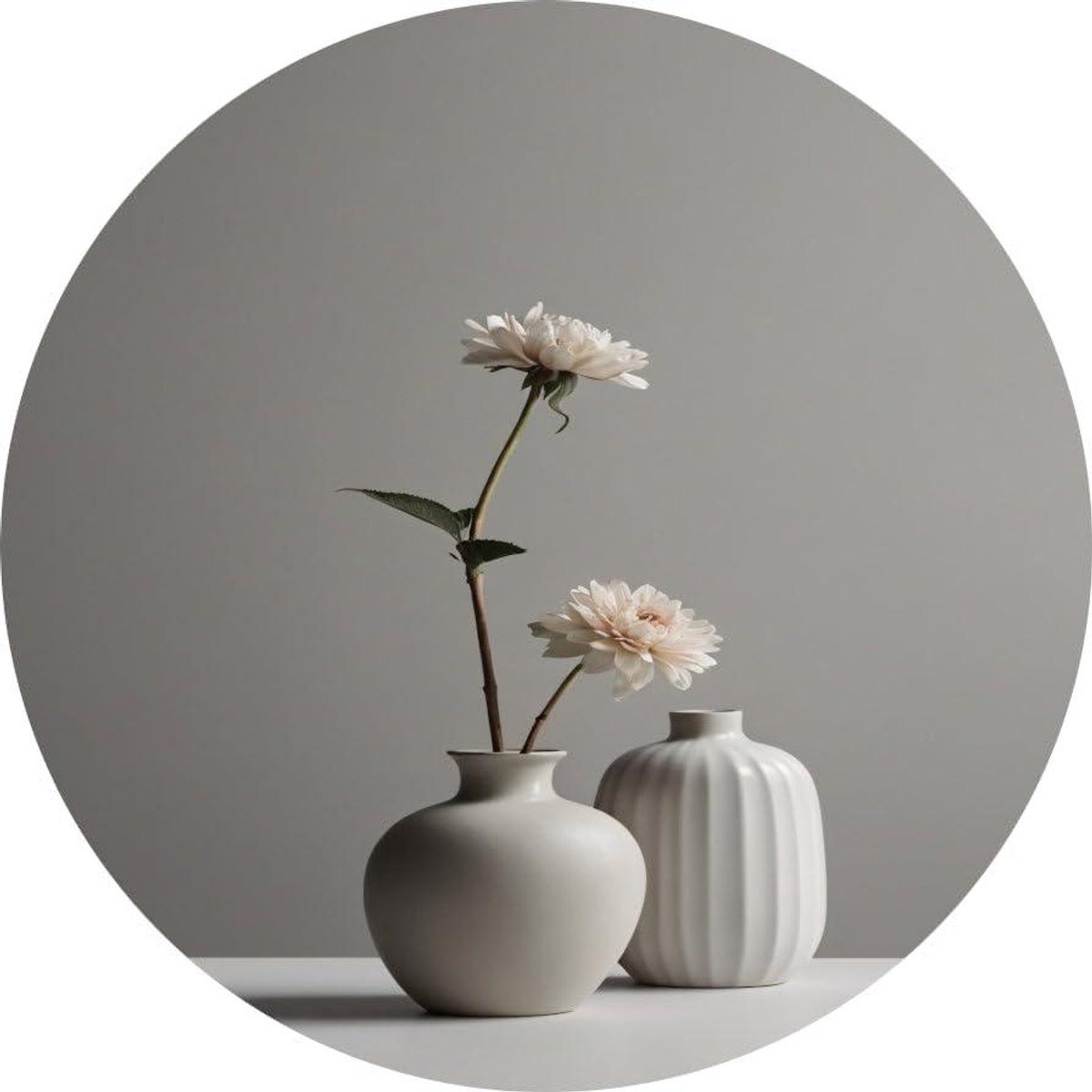 Bloemen Muurcirkel - Wandbord Vazen - Woonkamer Decoratie - Scherpe Print - 50x50 cm - Wit Grijs Beige Zwart Groen