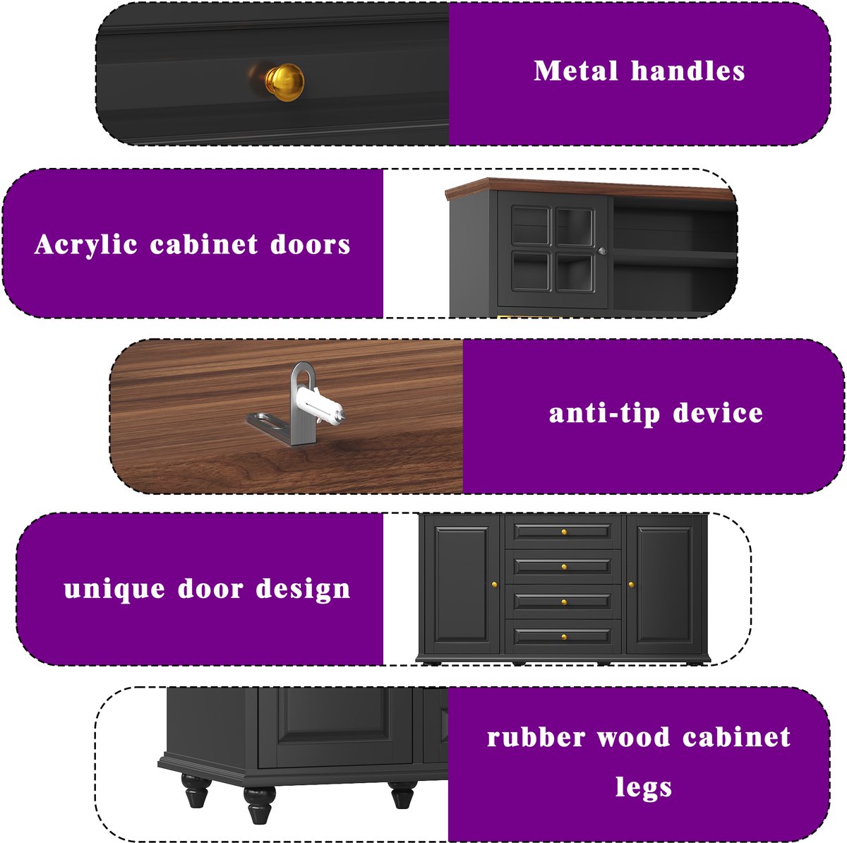 OKWISH Keukenkast – Highboard Met RGB Ledverlichting – 140×40×179,5 cm – 4 Laden En Verstelbare Planken – MDF Zwart