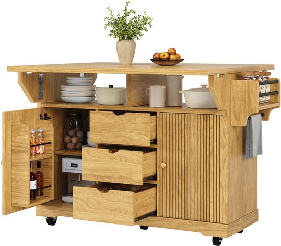 OKWISH Keukeneiland - Met Uitklapbare Zijtafels En 3 Lades - Verrijdbaar Voor Keuken En Terras - MDF Bruin - 142,5 x 80 x 95 cm van okwish — afbeelding 4