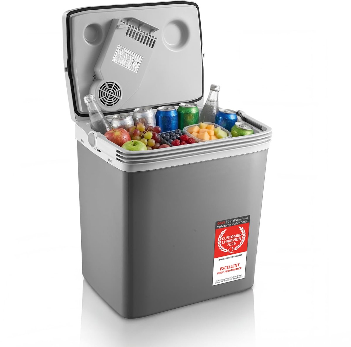SnelShoppen - Elektrische Koelbox 32L - Mobiele Minibar met 3-voudige Stroomvoorziening - Koelen & Verwarmen - 12V/230V/USB-C - Grijs - Ideaal voor Ca