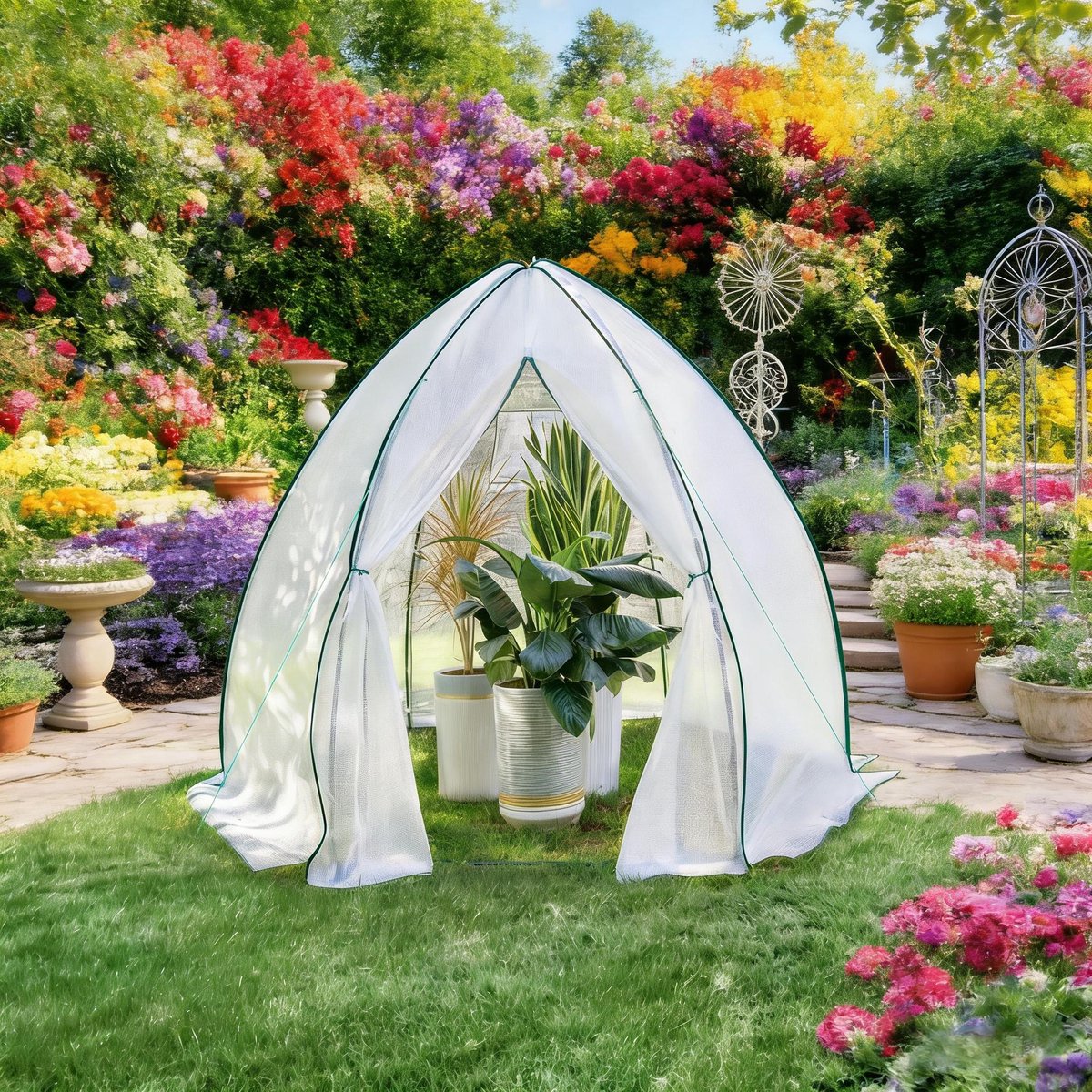 MIVRAY Tuinkas – Teepee Ontwerp met Ritssluitingsdeur – 240 x 200 x 240 cm – Polyetheen en Staal – Wit – Voor Tuin en Groenteteelt