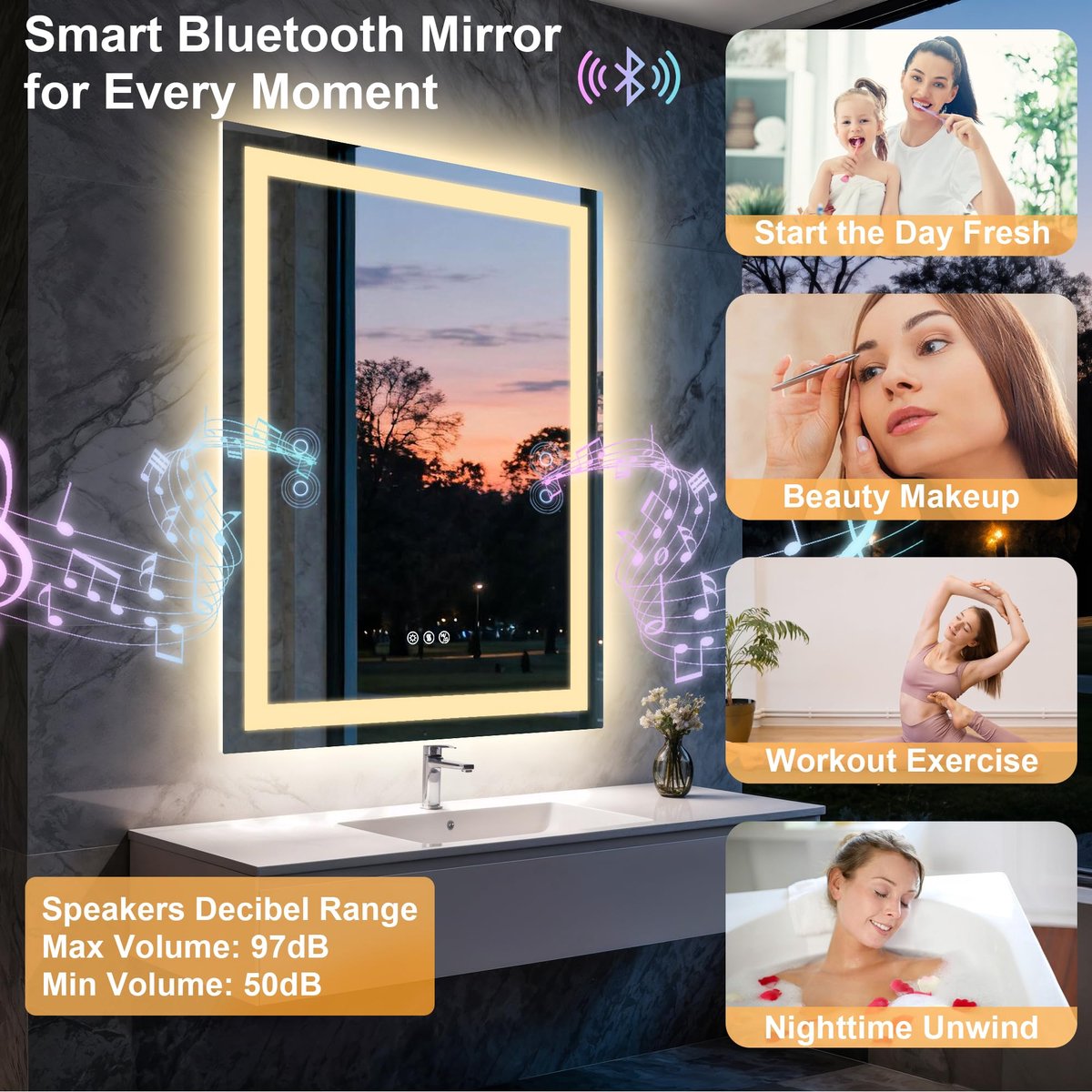 SnelShoppen - Led-badkamerspiegel met Verlichting, Bluetooth-luidsprekers, Anti-condensfunctie, Dimbare Helderheid, Geheugenfunctie, Wandmontage, 50x7