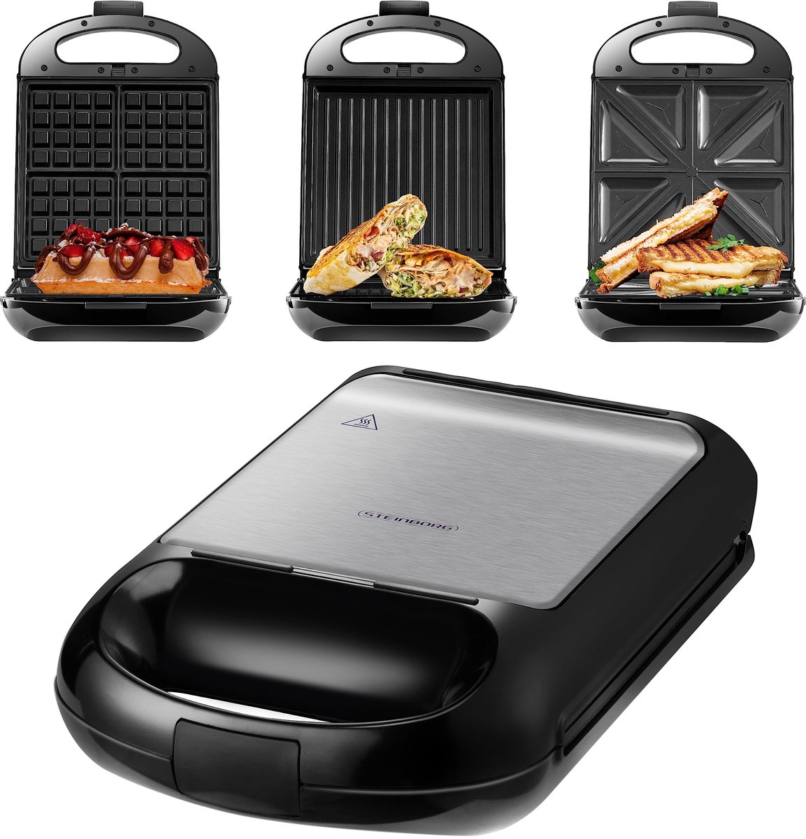 SnelShoppen - 3-in-1 Sandwichmaker XXL met 3 Verwisselbare Platen, 1200 Watt Contactgrill, Multigrill, Wafelijzer in Zilver/Zwart voor Keuken, Feest e